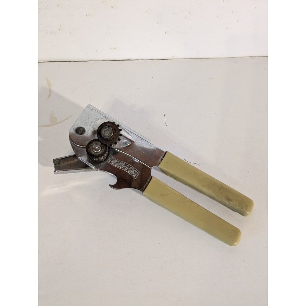 Vintage Swing Away Can Opener Bottle Opener Beige Mustard Rubber Grips Manual 7"